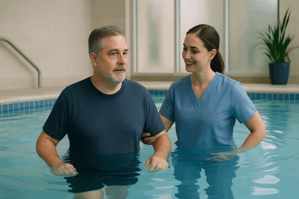 Middle-aged man in chest-deep indoor pool doing water walking therapy with a healthcare professional, showing how gentle aquatic exercise can repair heart damage.