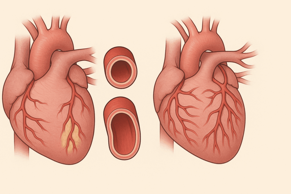 Illustration showing how can exercise repair heart damage by improving blocked coronary arteries and enhancing blood flow post-training