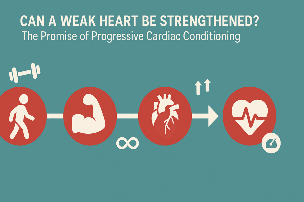 Infographic timeline showing how progressive workouts like walking and resistance training improve heart function, exploring can exercise repair heart damage