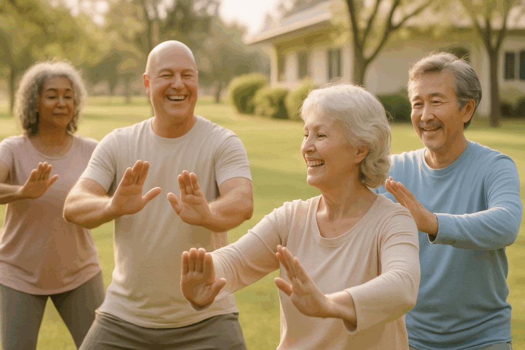 Smiling adults of diverse backgrounds practicing tai chi in a sunlit park, showing how group movement can exercise repair heart damage.