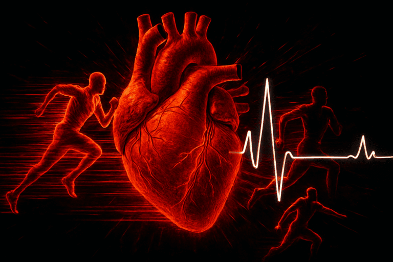 High-contrast heart with athletes and ECG wave illustrates the risk: can you damage your heart by exercising too hard?