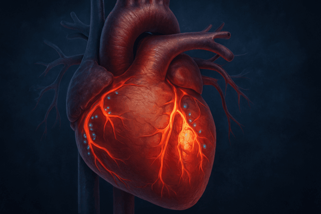 Anatomical illustration of a human heart under stress with glowing arteries showing restricted blood flow, illustrating the effects of overexertion—answering the question: Can you damage your heart by exercising too hard.
