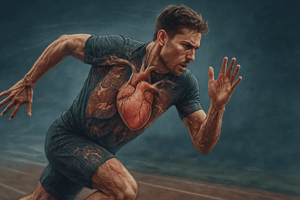 Male athlete sprinting with heart anatomy overlay illustrating cardiac strain, asking: Can you damage your heart by exercising too hard