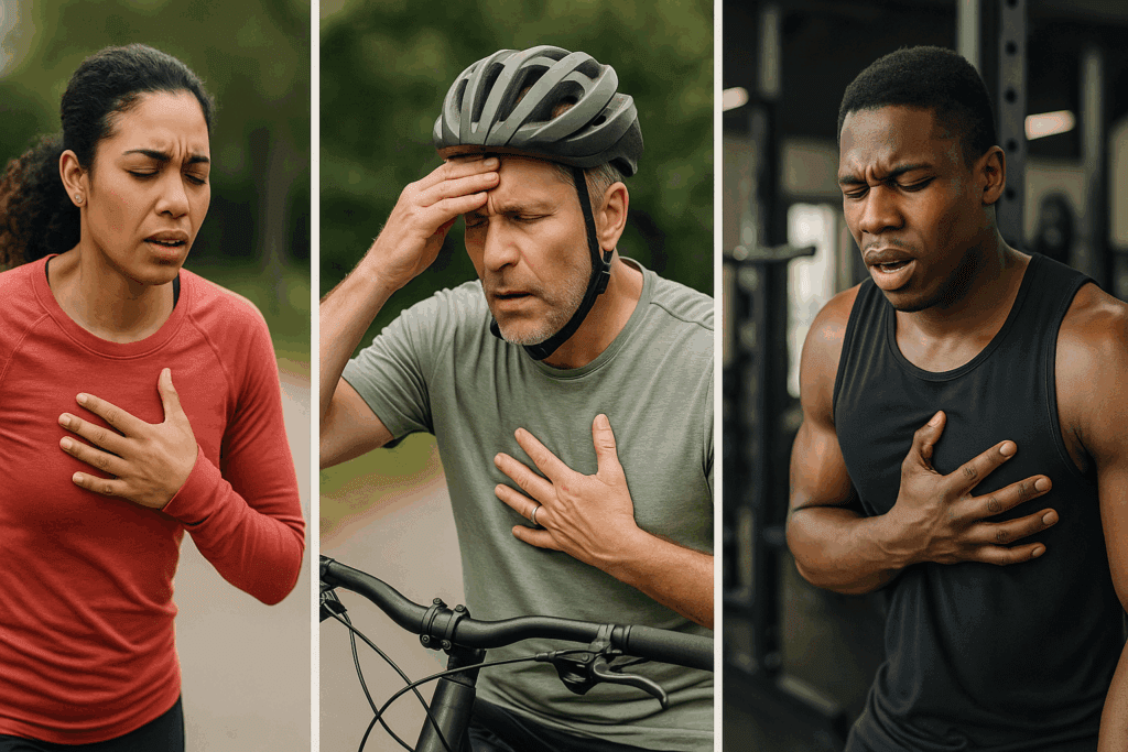 Diverse athletes showing signs of heart stress during workouts, illustrating the question: Can you damage your heart by exercising too hard