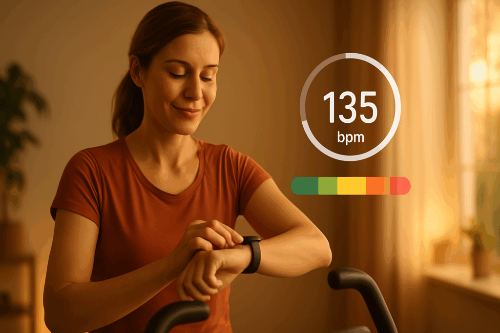 Woman checking fitness tracker during indoor cycling session, illustrating safe cardio limits to answer: Can you damage your heart by exercising too hard
