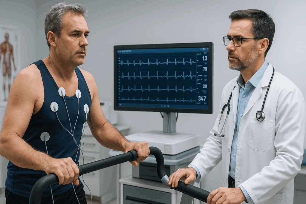 Middle-aged man undergoing a cardiac stress test while doctor monitors heart activity—exploring the question: Can you damage your heart by exercising too hard