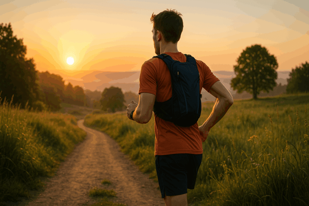 Endurance runner training at sunrise with smartwatch and hydration pack, symbolizing the question: can you damage your heart by exercising too hard.