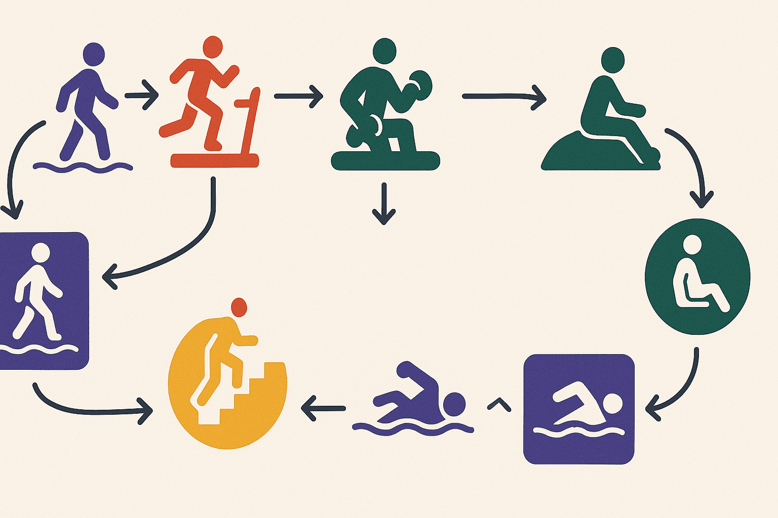 Flowchart-style infographic illustrating a weekly routine of cardio for weight loss with icons for walking, swimming, strength training, and rest.