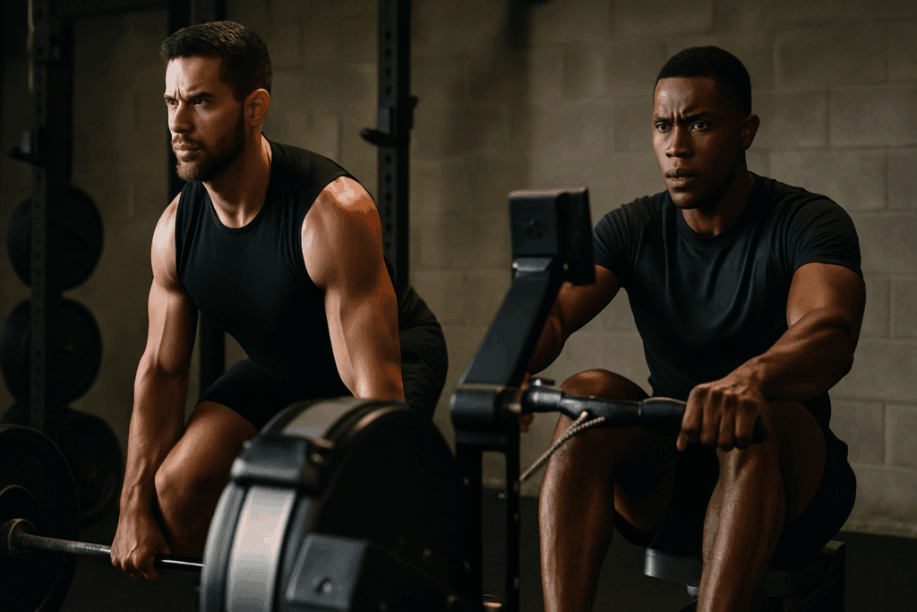 Man doing HIIT on a rowing machine beside another lifting weights in a gym, illustrating cardio for weight loss with muscle retention.