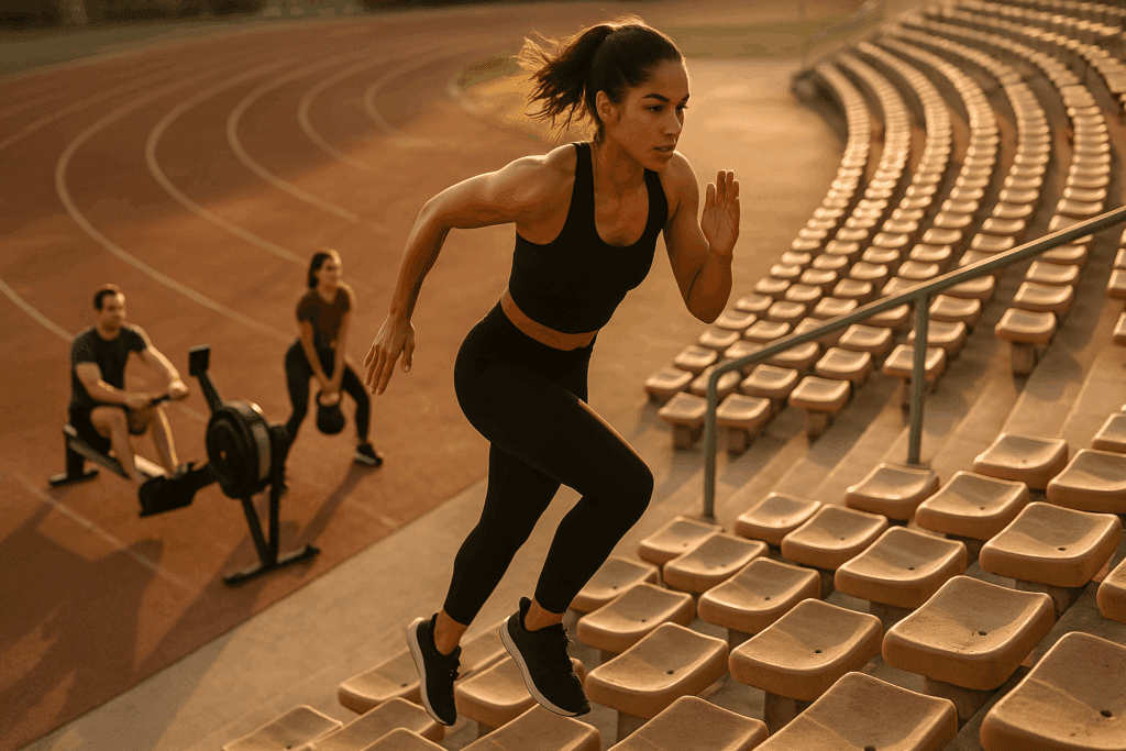 Woman sprinting up stadium stairs at sunset while others do kettlebell and rowing workouts, illustrating cardio for weight loss