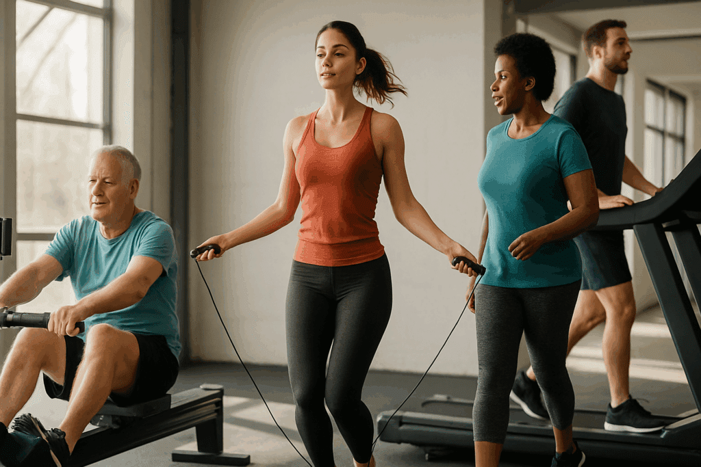 Diverse group of adults performing cardio for weight loss, including jump rope, treadmill walking, and rowing in a bright gym.