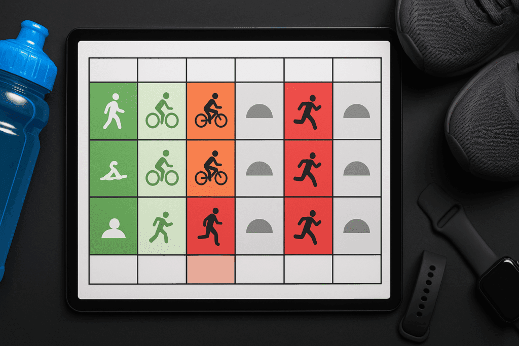 Weekly planner showing a cardio for weight loss routine with walking, cycling, HIIT, and rest icons, alongside workout gear.