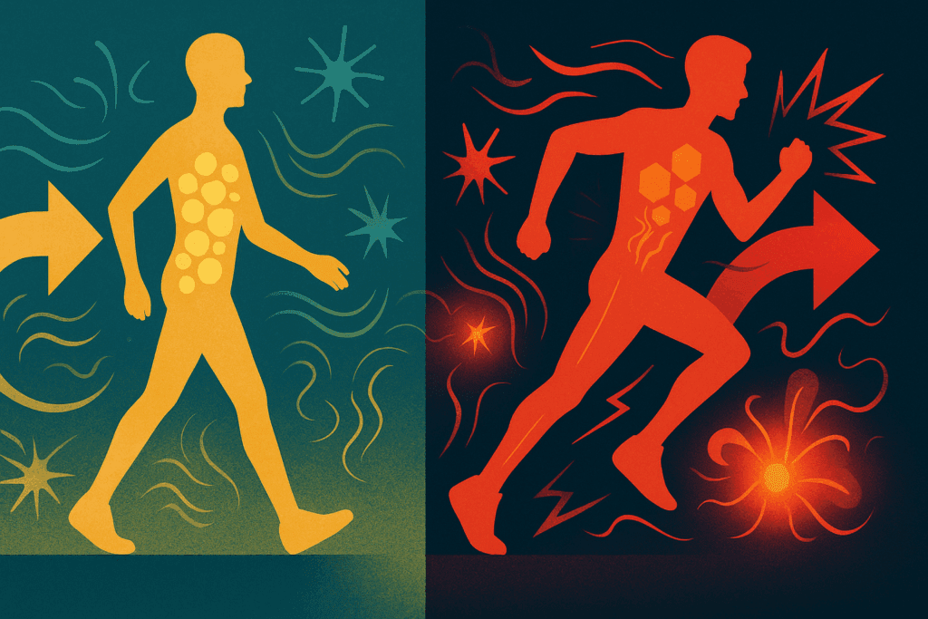 Split illustration of a human walking and sprinting with abstract visuals showing how the body uses fat and carbs during cardio for weight loss.