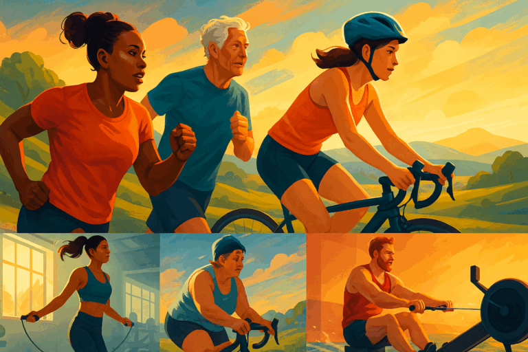 Diverse group of people doing cardio for weight loss through running, cycling, swimming, jump rope, and rowing in vibrant outdoor and indoor settings.