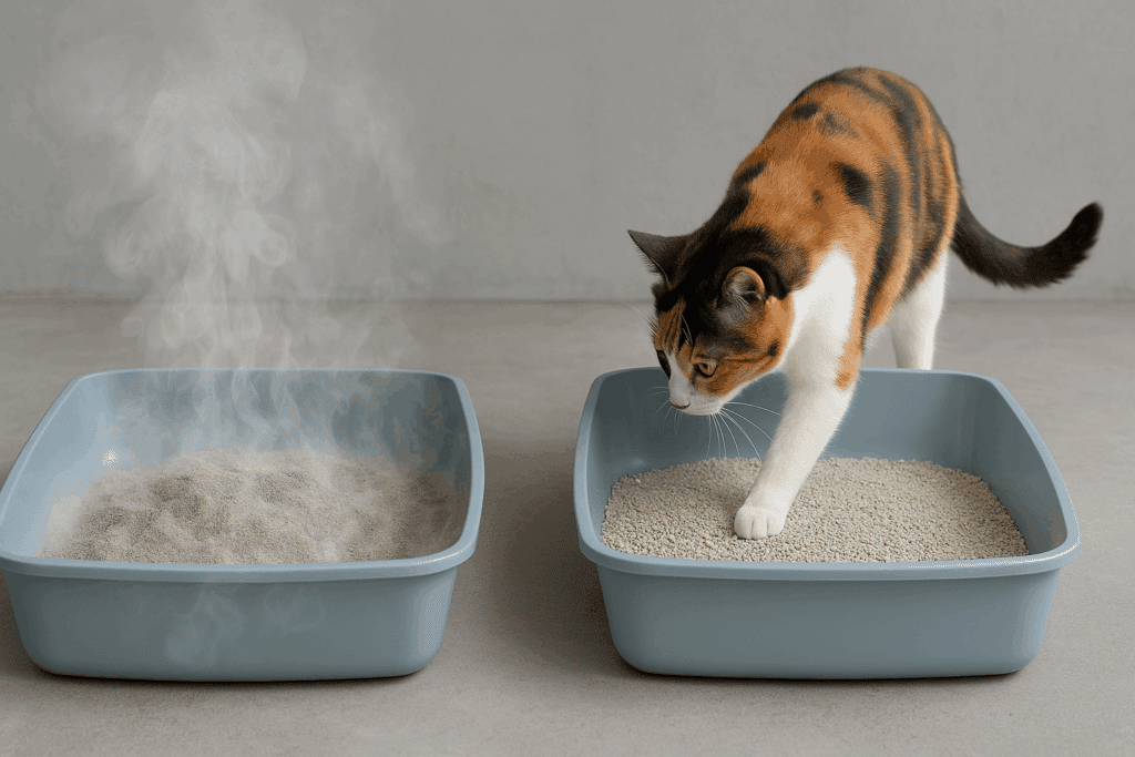 Cat avoiding a litter box filled with dusty fumes, choosing a clean one instead—illustrating scented cat litter dangers.