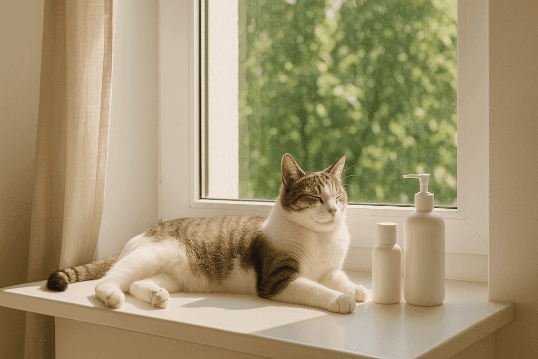Healthy tabby cat relaxing on a clean windowsill, highlighting a safe home free from scented cat litter dangers