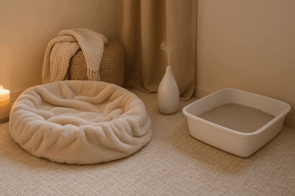 Dr. Elsey's Approach to Feline Stress Management: Creating a Calm Environment 4 Calming cat corner featuring Dr. Elsey’s calming litter in a clean, cozy space with a soft, plush bed, pheromone diffuser, and gentle ambient lighting for stress relief.