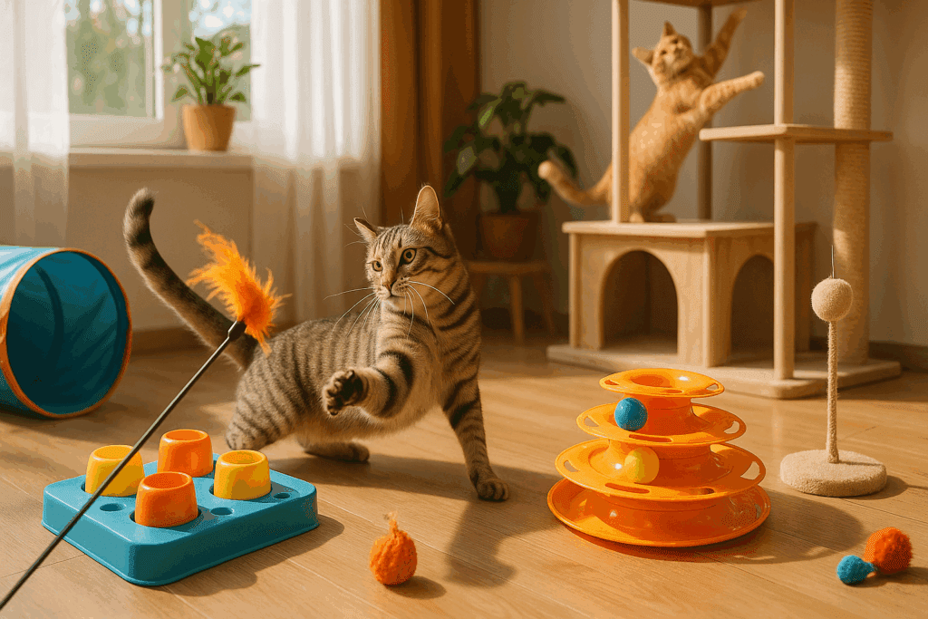 Dr. Elsey's Approach to Feline Stress Management: Creating a Calm Environment 3 Playful tabby cat engaging with a puzzle feeder, climbing a cat tree, and exploring a colorful cat tunnel in a sunlit room, promoting mental stimulation and active play aligned with Dr Elsey's cat care approach.