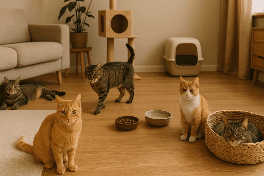 Dr. Elsey's Approach to Feline Stress Management: Creating a Calm Environment 2 Cozy multi-cat household with cats lounging in a spacious living room, featuring cat products like litter boxes, food bowls, and resting areas to promote feline social harmony in alignment with Dr. Elsey's cat care approach.