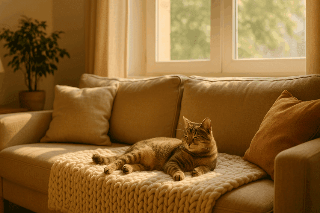 Cozy living room with a relaxed cat lounging on a soft, chunky knit blanket near a sunlit window, reflecting the calm and stress-free environment that Dr. Elsey's products aim to create for felines.