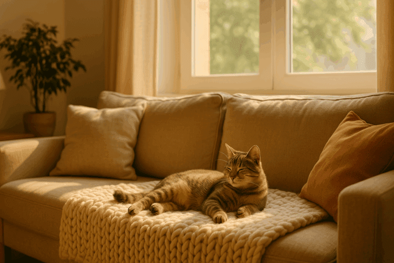 Cozy living room with a relaxed cat lounging on a soft, chunky knit blanket near a sunlit window, reflecting the calm and stress-free environment that Dr. Elsey's products aim to create for felines.