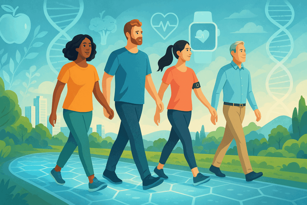 Diverse group of people walking on a digital wellness path with DNA, healthy foods, and wearables, symbolizing how can we prevent illness.