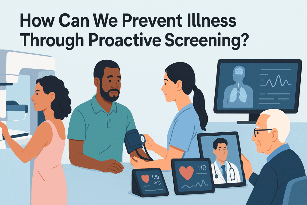 Diverse individuals undergoing health screenings, including a mammogram, blood pressure check, and telehealth consultation, illustrating how can we prevent illness through proactive care.