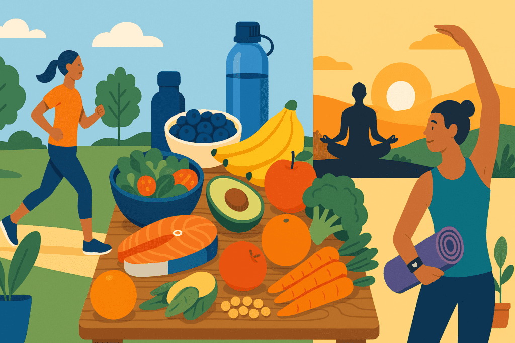 Collage illustrating how can we prevent illness with people jogging, meditating, eating whole foods, and practicing yoga outdoors