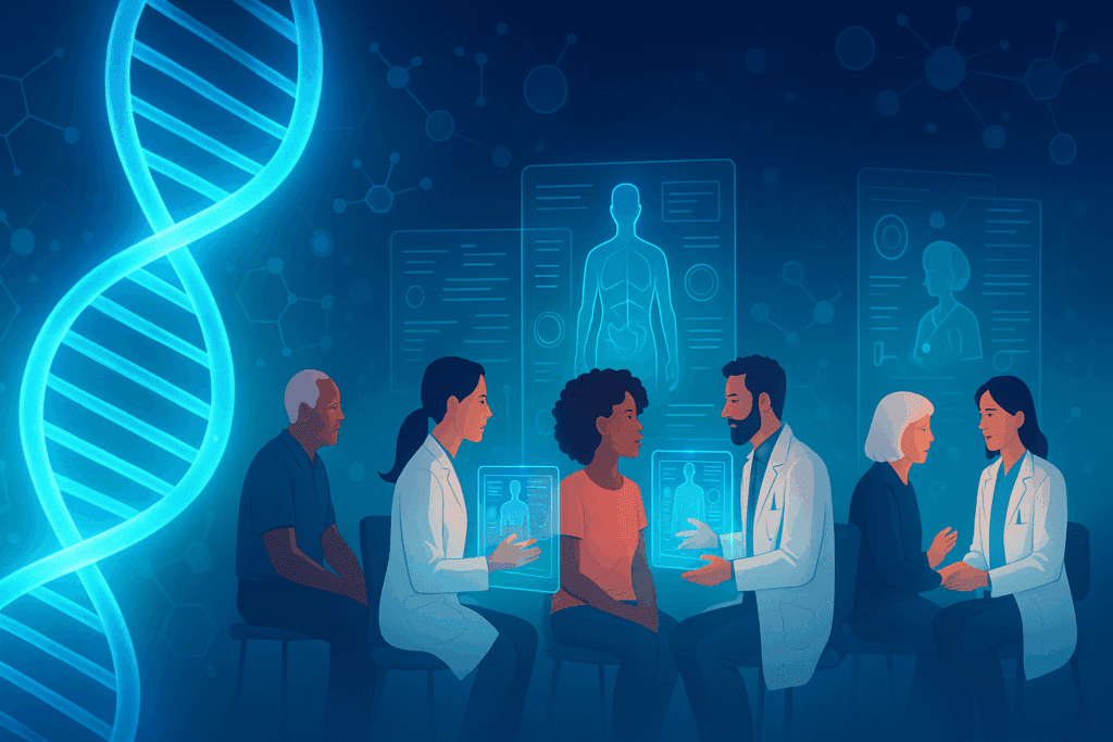 Futuristic lab scene with a glowing DNA helix and diverse patients consulting doctors using holographic medical records, illustrating how can we prevent illness at the molecular level.