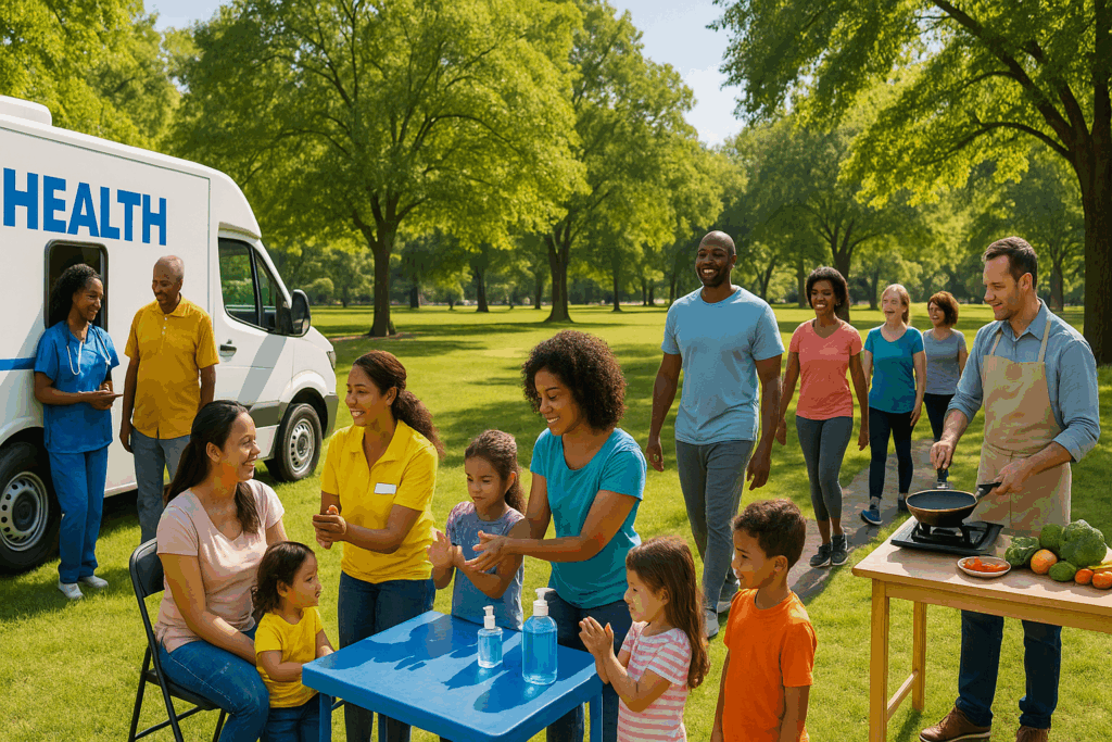 Community health workers guiding families and children in a park with hygiene demos and wellness activities, showing how can we prevent illness.