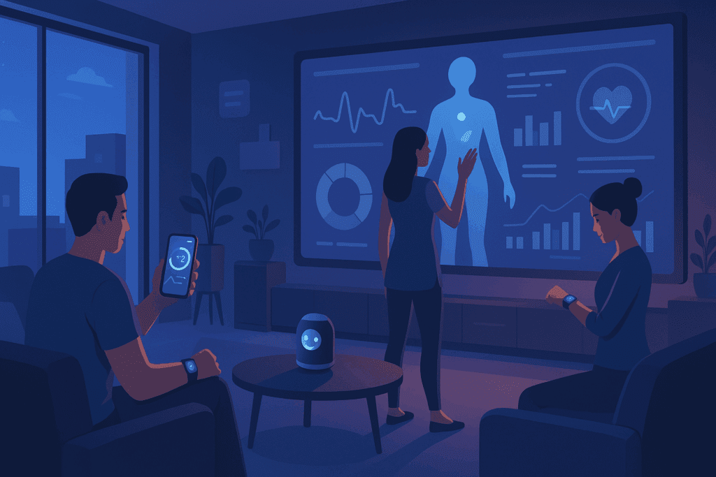 Futuristic home with people using smart wearables, health dashboards, and AI tools showing how can we prevent illness with digital tech.
