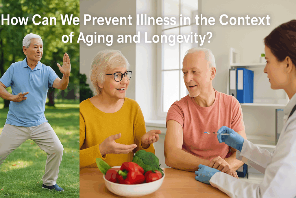 Older adults practicing tai chi, attending nutrition counseling, and getting vaccinated in a community setting focused on how can we prevent illness.