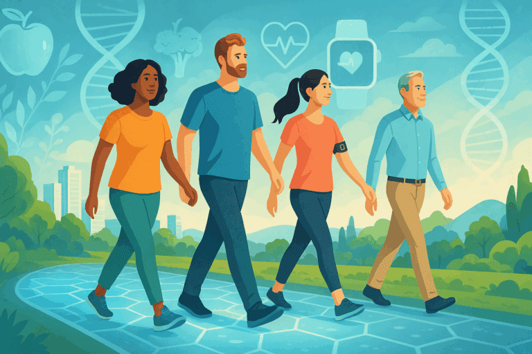 Diverse group of people walking on a digital wellness path with DNA, healthy foods, and wearables, symbolizing how can we prevent illness.