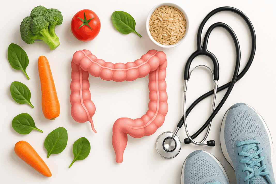 Healthy colon surrounded by vegetables, whole grains, a stethoscope, and running shoes symbolizing colon and rectal cancer prevention