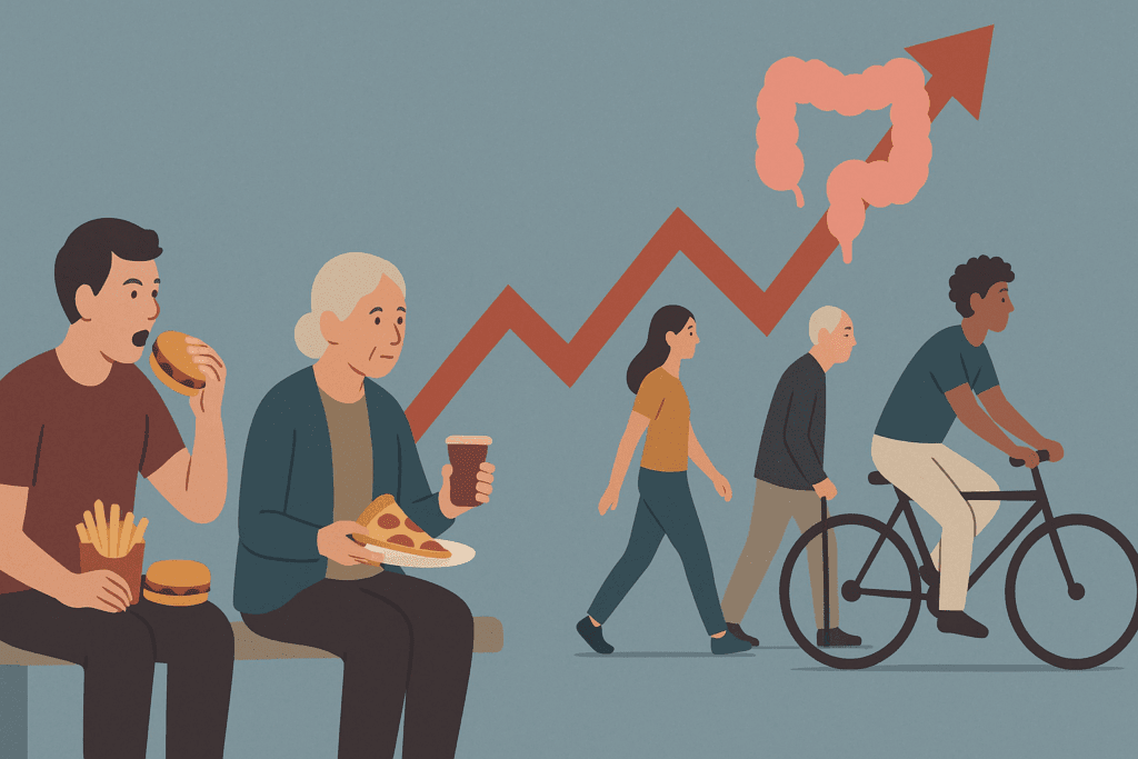 Conceptual illustration showing rising colon and rectal cancer prevention challenges with diverse people eating fast food or exercising beneath a red upward graph