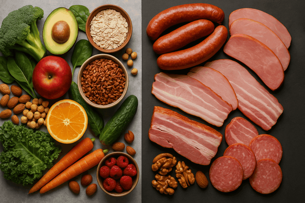 Flat-lay of high-fiber fruits, vegetables, grains, and nuts beside processed meats, illustrating dietary choices linked to colon and rectal cancer prevention