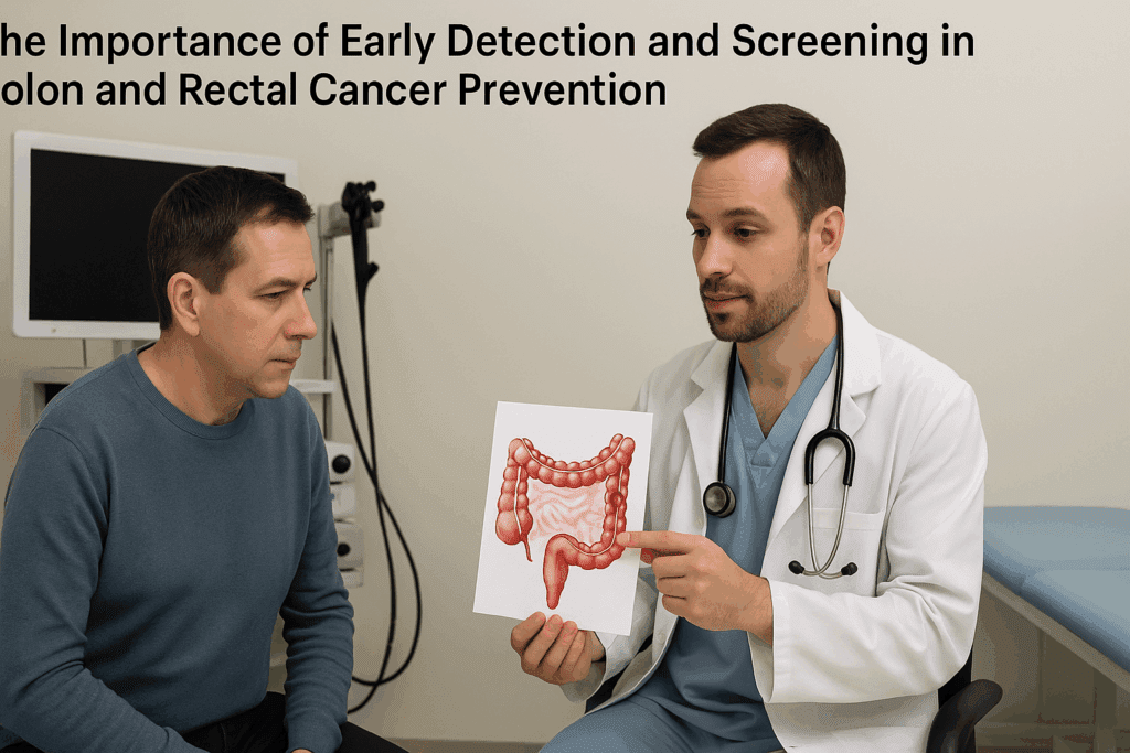 Doctor explaining a colonoscopy diagram to a patient in a medical exam room, highlighting the importance of colon and rectal cancer prevention
