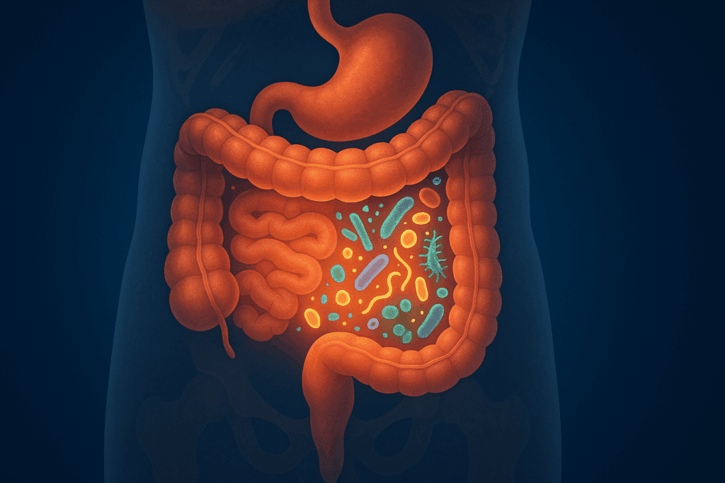 Illustration of the human digestive system showing diverse gut microbes glowing in the colon to highlight colon and rectal cancer prevention