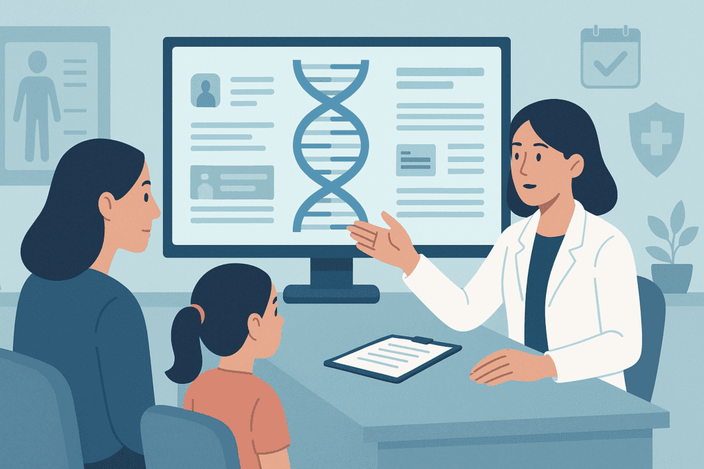 Family receiving genetic counseling from a doctor reviewing DNA on screen, highlighting colon and rectal cancer prevention through personalized care.