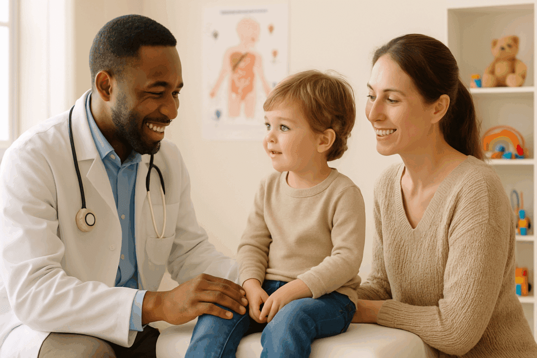 Smiling pediatrician interacting with a child during a 3 year old well child check as the mother watches supportively in a cozy exam room.