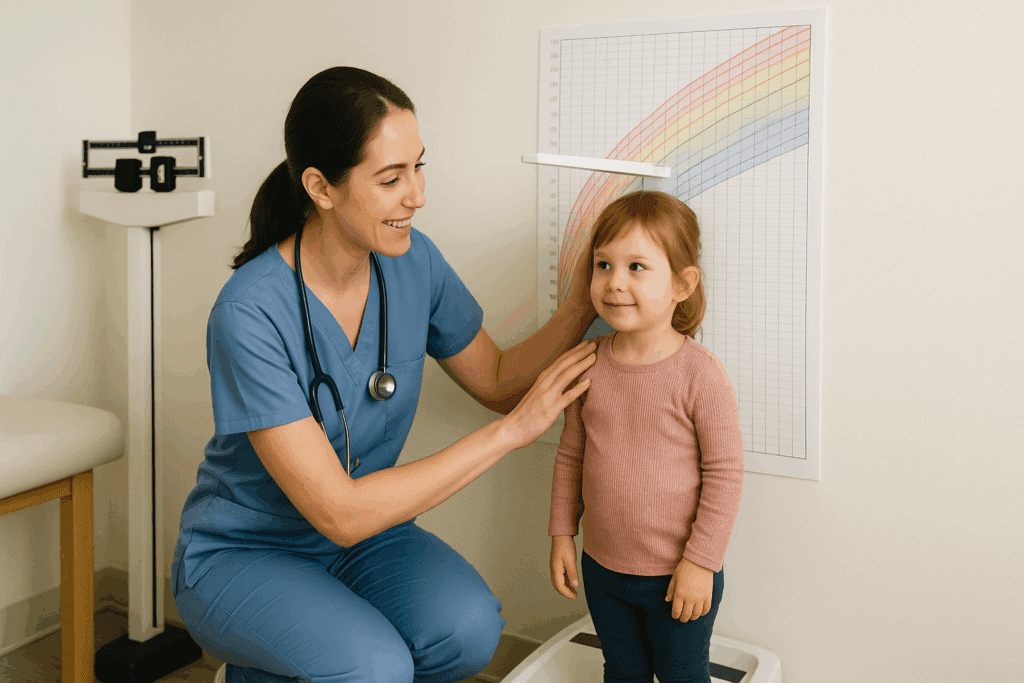 Pediatric nurse measuring height of smiling child during 3 year old well child check in a clinic with a colorful growth chart.