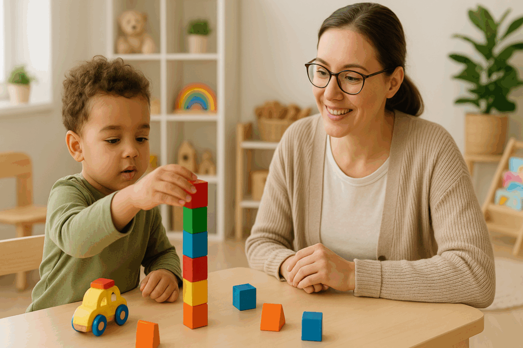 Child stacking colorful blocks during a 3 year old well child check while a caregiver observes supportively in a bright playroom