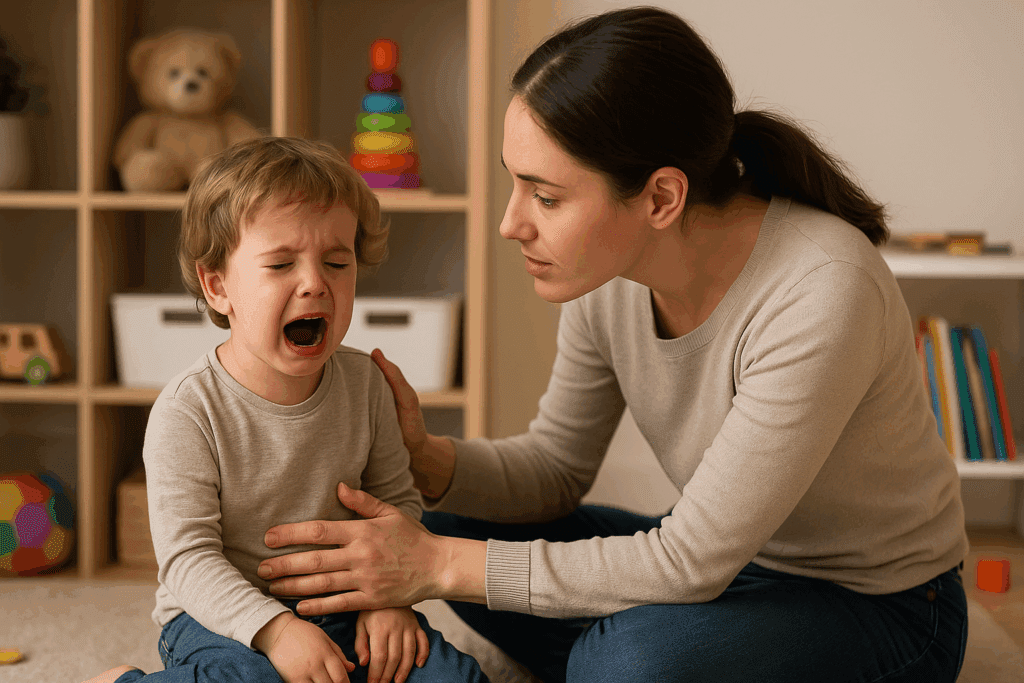 A calm parent kneels to comfort a crying toddler during a 3 year old well child check in a warm, toy-filled room.