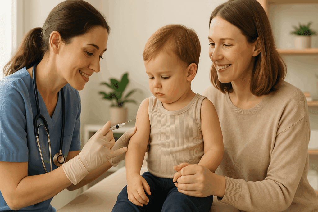 Pediatric nurse gently gives a vaccine to a calm toddler during a 3 year old well child check, with the mother holding his hand in a warm exam room.