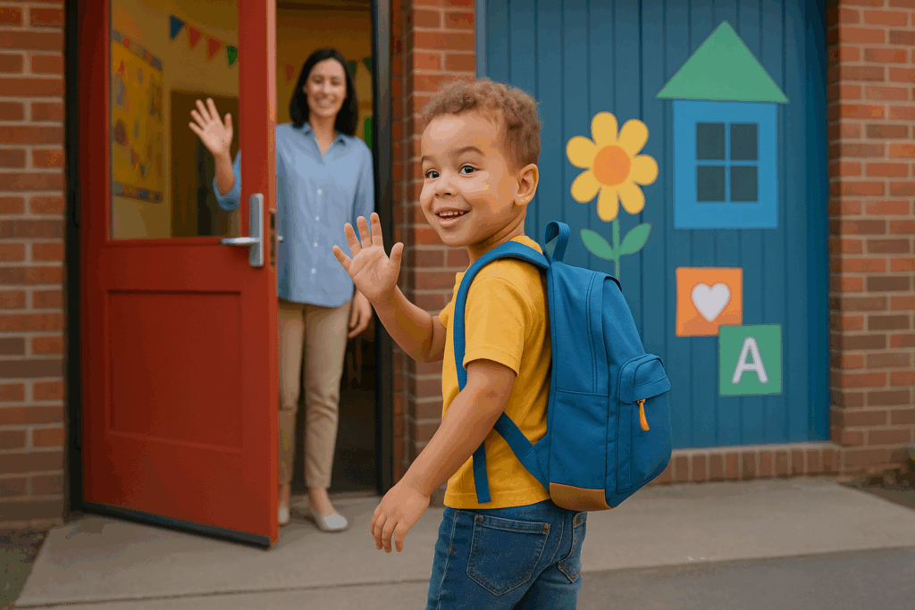 Confident child with backpack waves goodbye outside preschool, showing readiness during 3 year old well child check.