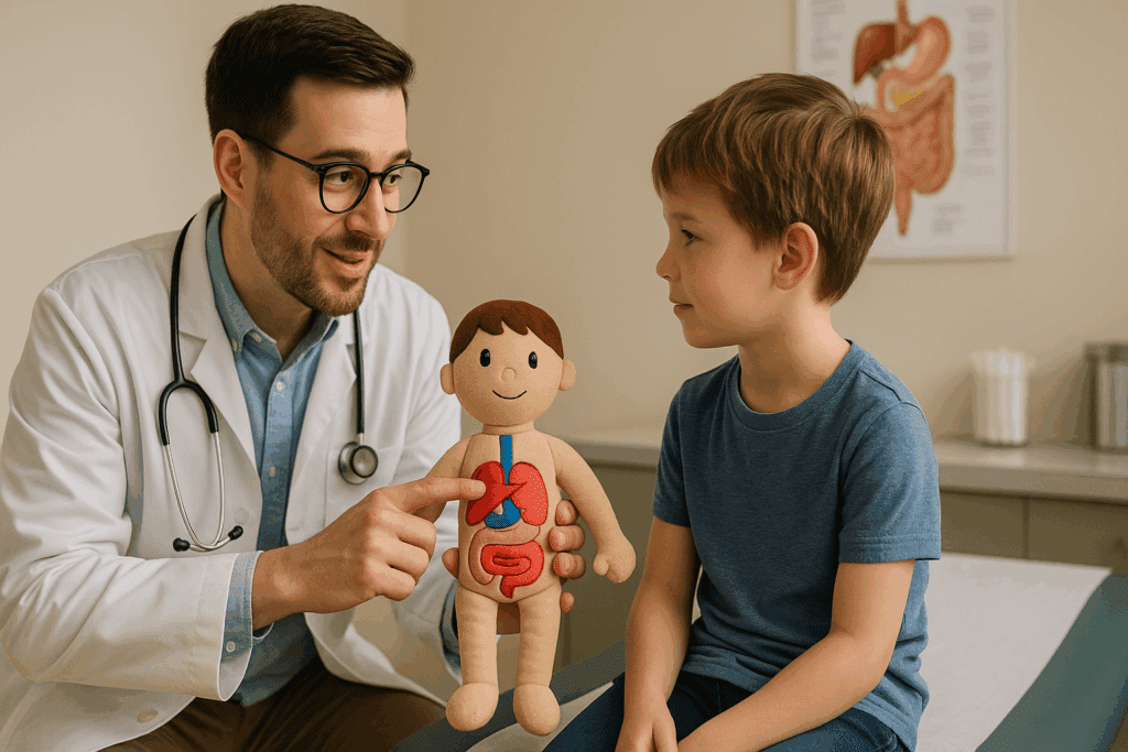 Doctor discussing anatomy with a young boy using a plush doll during a 3 year old well child check in a pediatric exam room