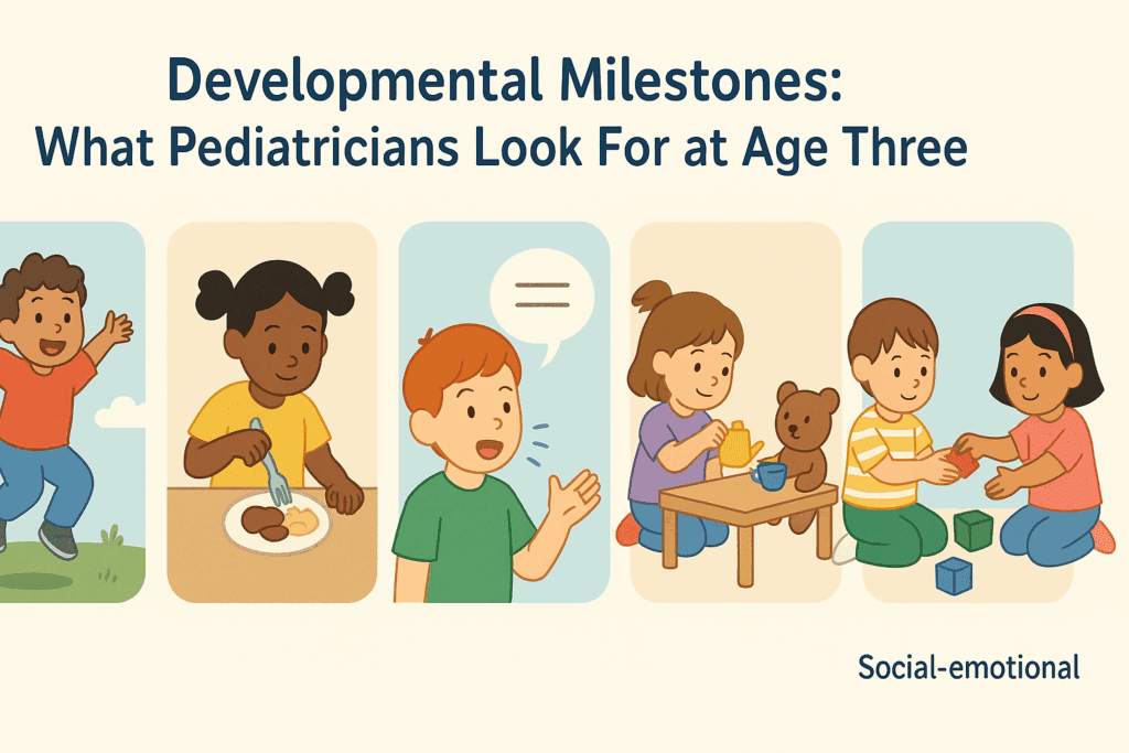 Colorful infographic showing key developmental milestones like jumping, using utensils, speaking, pretend play, and sharing during a 3 year old well child check