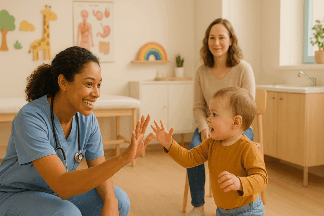 Pediatrician kneeling to interact warmly with toddler during 30 month check up as parent observes supportively in bright exam room