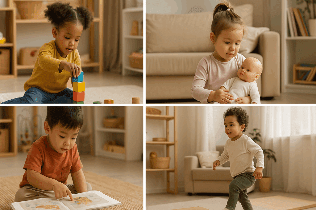 Toddlers of diverse ethnicities engaged in key developmental activities at home during a 30 month check up milestone