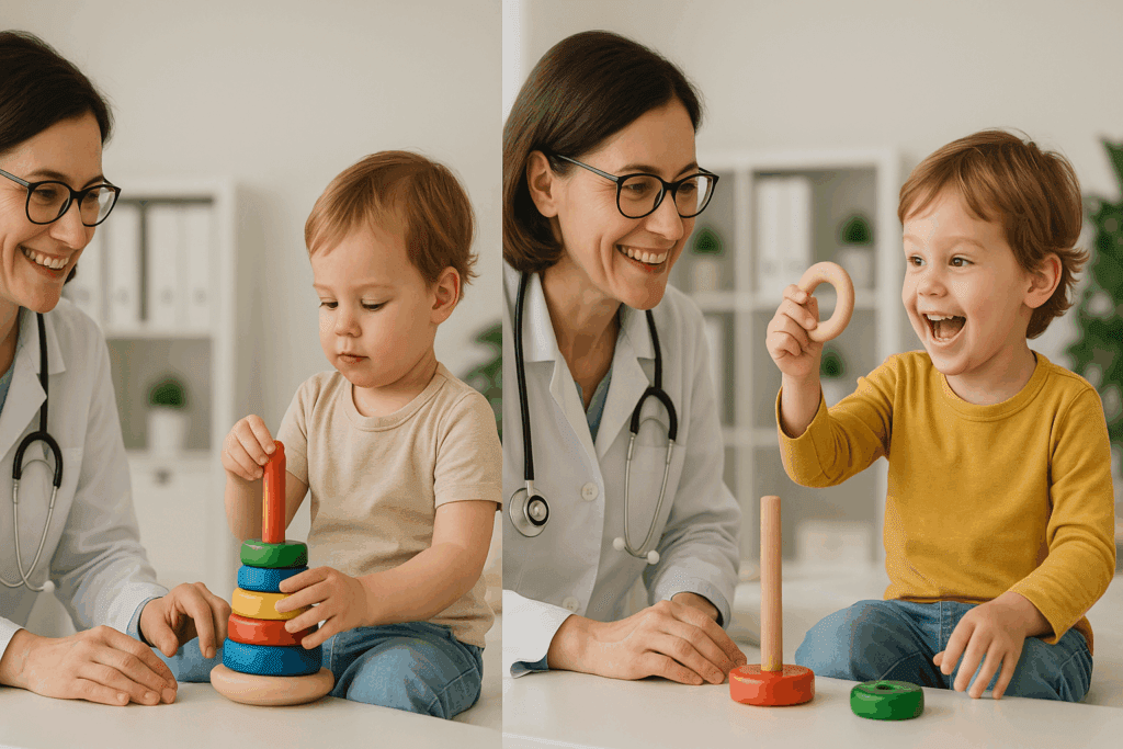 Toddler during a 2-year check-up beside same child at 30 month check up, showing growth in expression and motor skills.